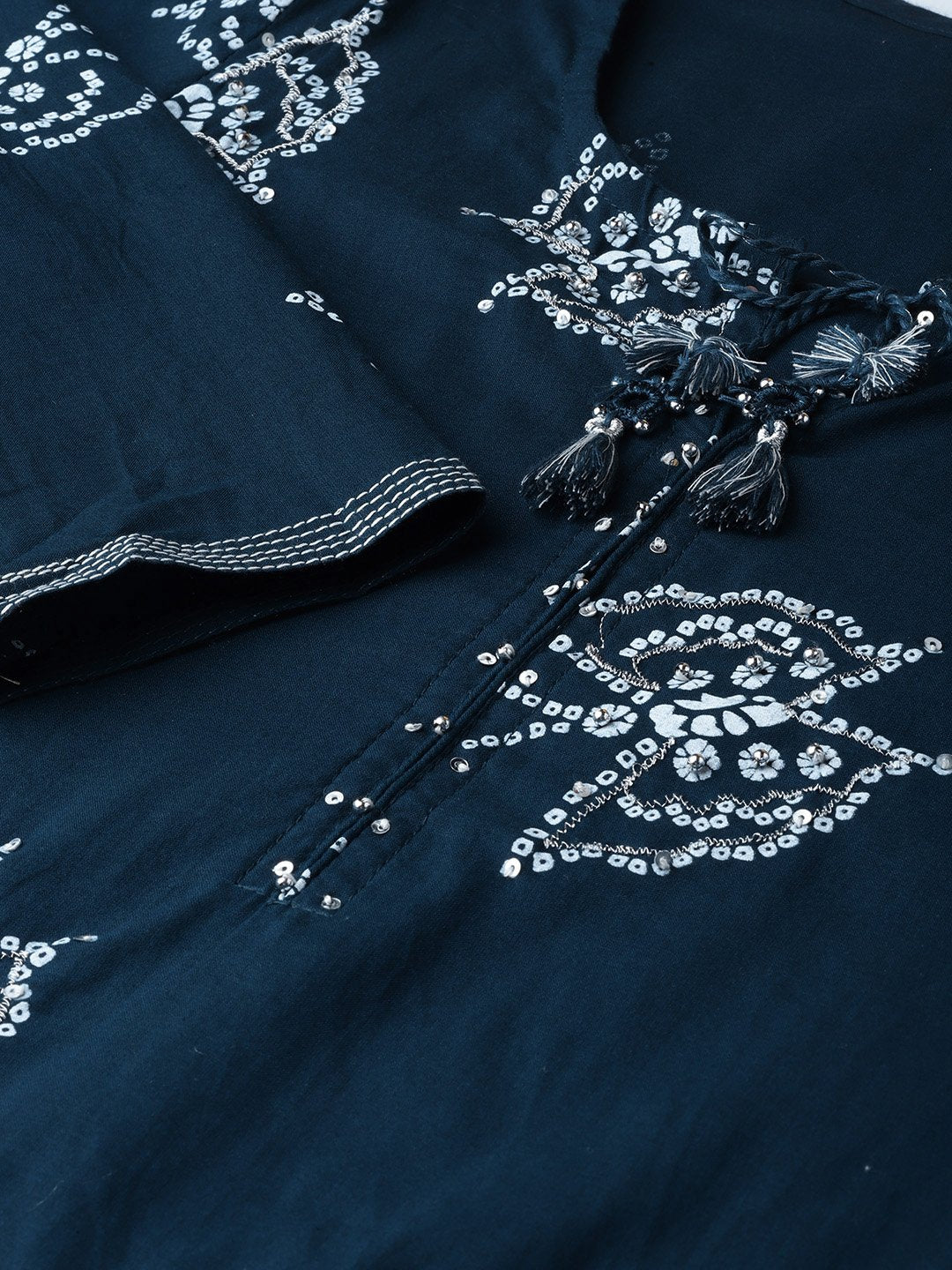 Ishin Women's Cotton Navy Blue Bandhani Printed Embellished A-Line Kurta Sharara Set