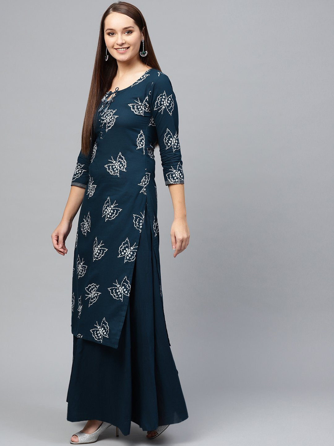 Ishin Women's Cotton Navy Blue Bandhani Printed Embellished A-Line Kurta