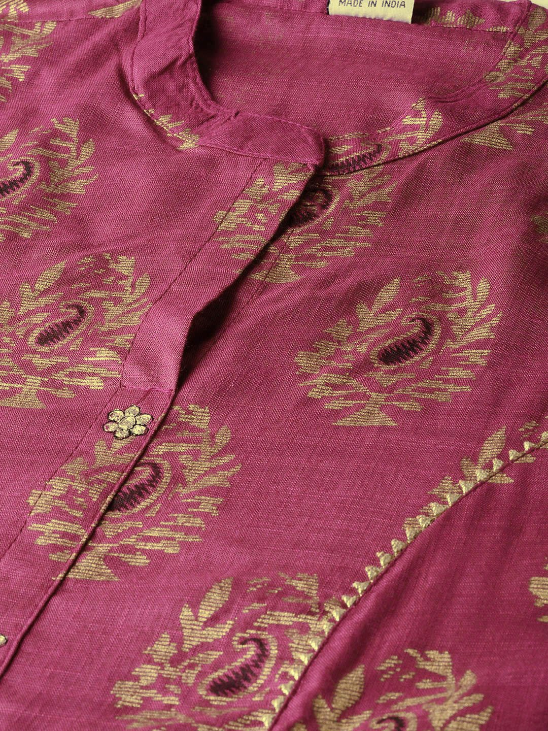 Ishin Women's Cotton Purple Foil Printed Gota Patti A-Line Kurta