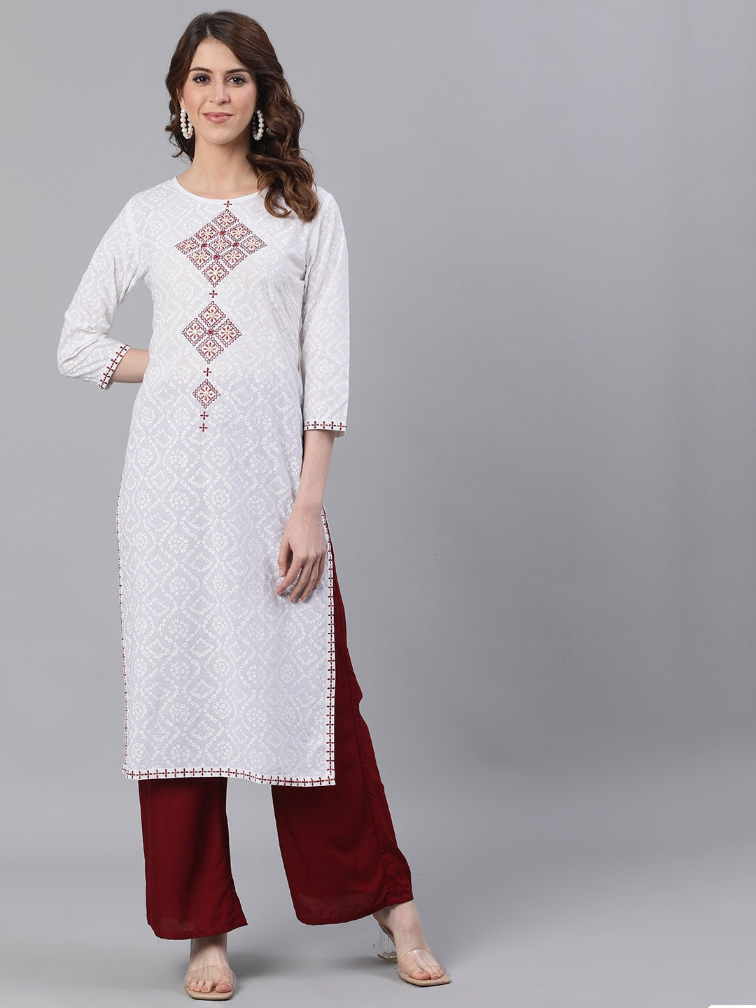 Ishin Women's Cotton White Bandhani Embroidered A-Line Kurta