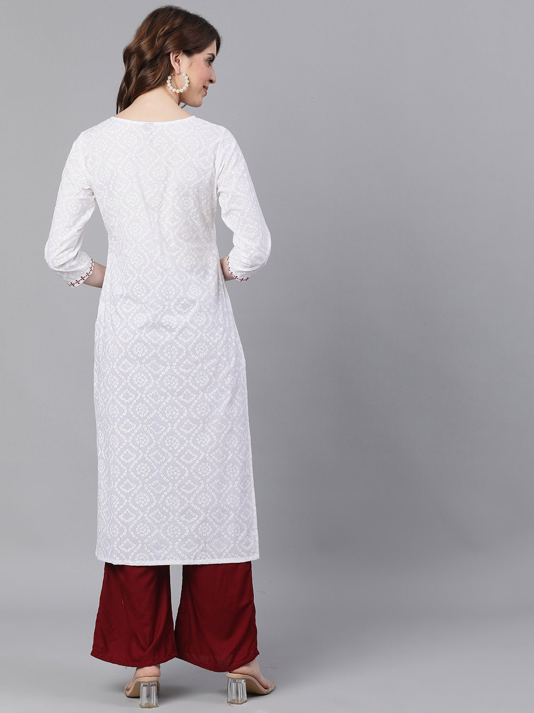 Ishin Women's Cotton White Bandhani Embroidered A-Line Kurta