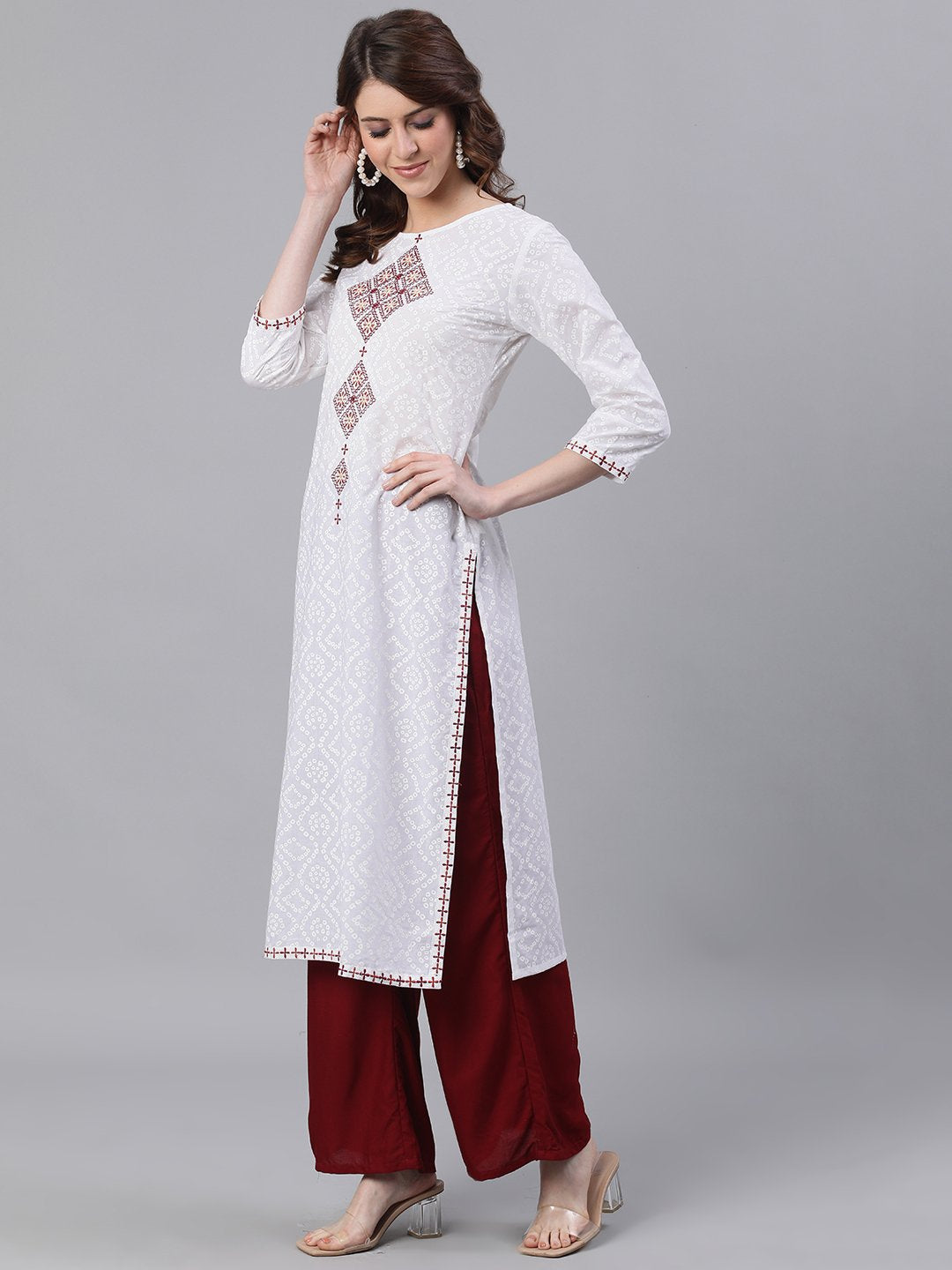 Ishin Women's Cotton White Bandhani Embroidered A-Line Kurta
