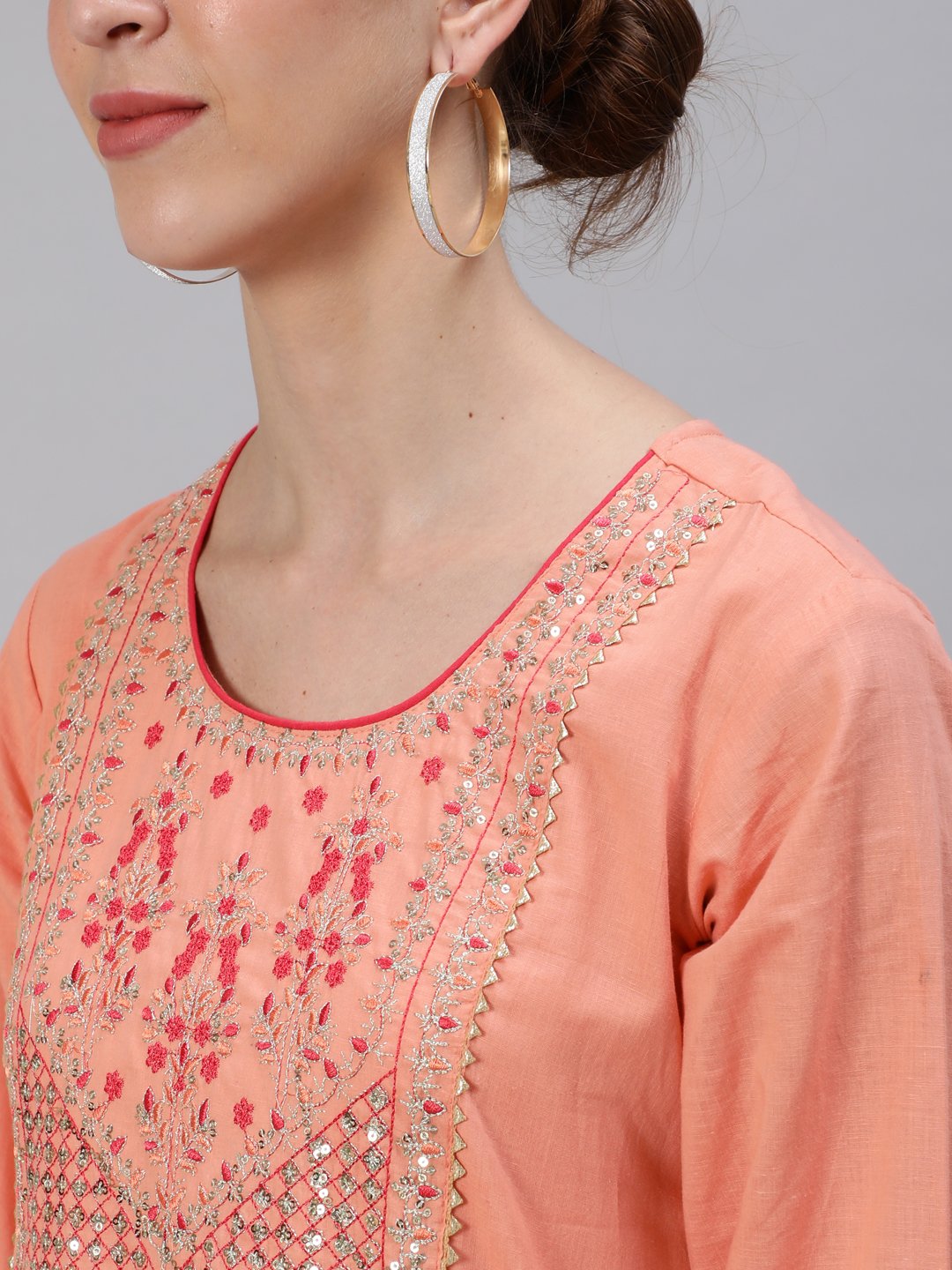 Ishin Women's Peach Embroidered Anarkali Kurta