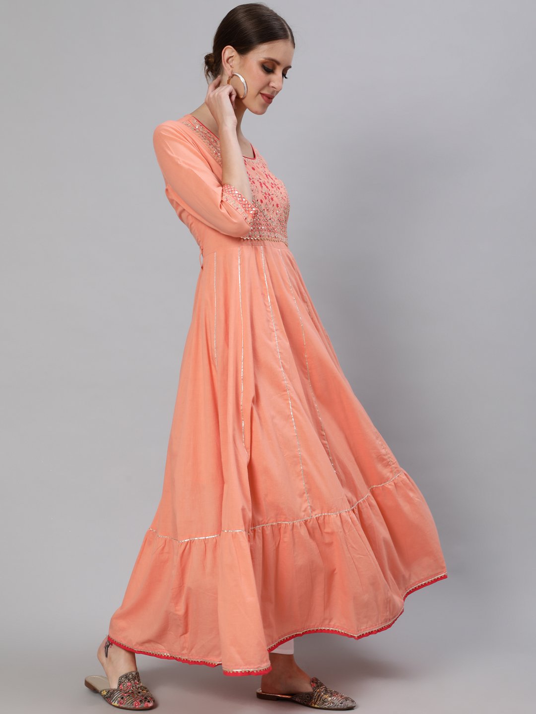 Ishin Women's Peach Embroidered Anarkali Kurta
