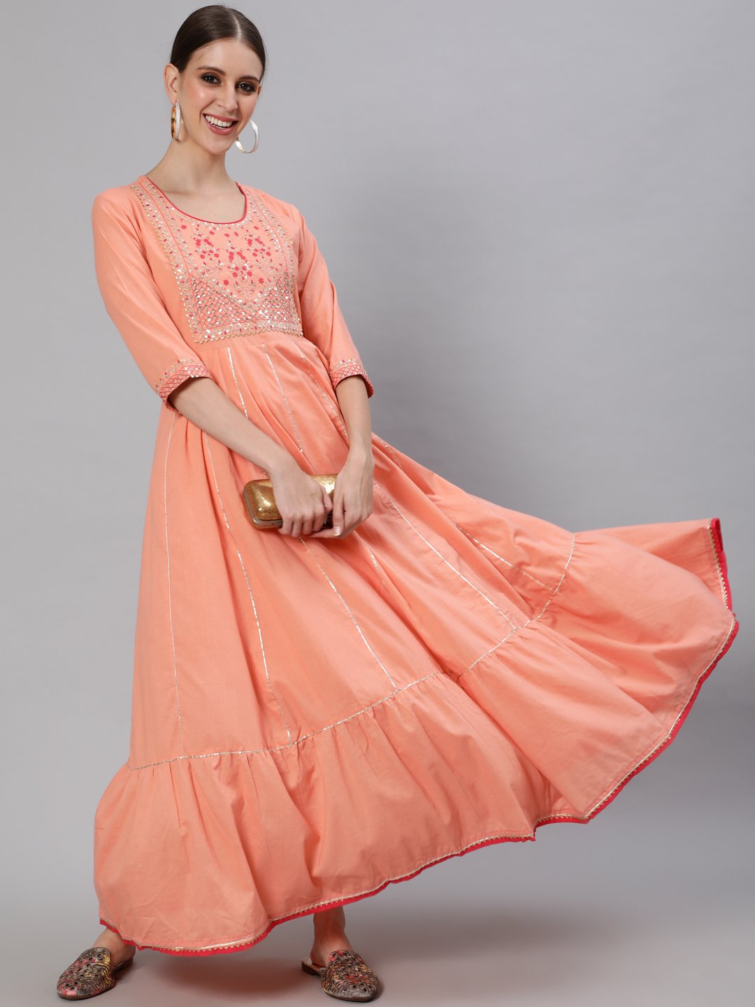Ishin Women's Peach Embroidered Anarkali Kurta