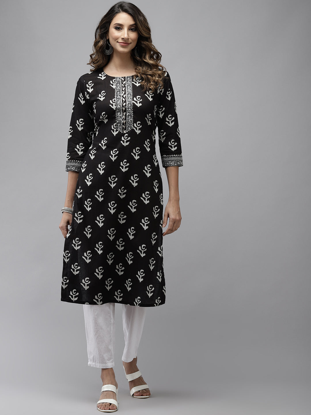 Ishin Women's Cotton Blend Black Embroidered A-Line Kurta