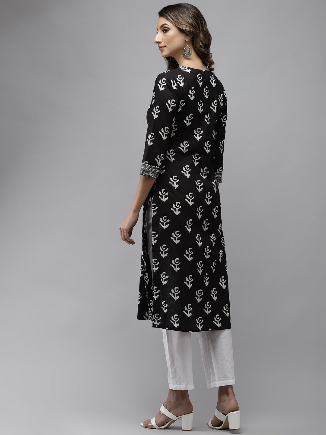 Ishin Women's Cotton Blend Black Embroidered A-Line Kurta