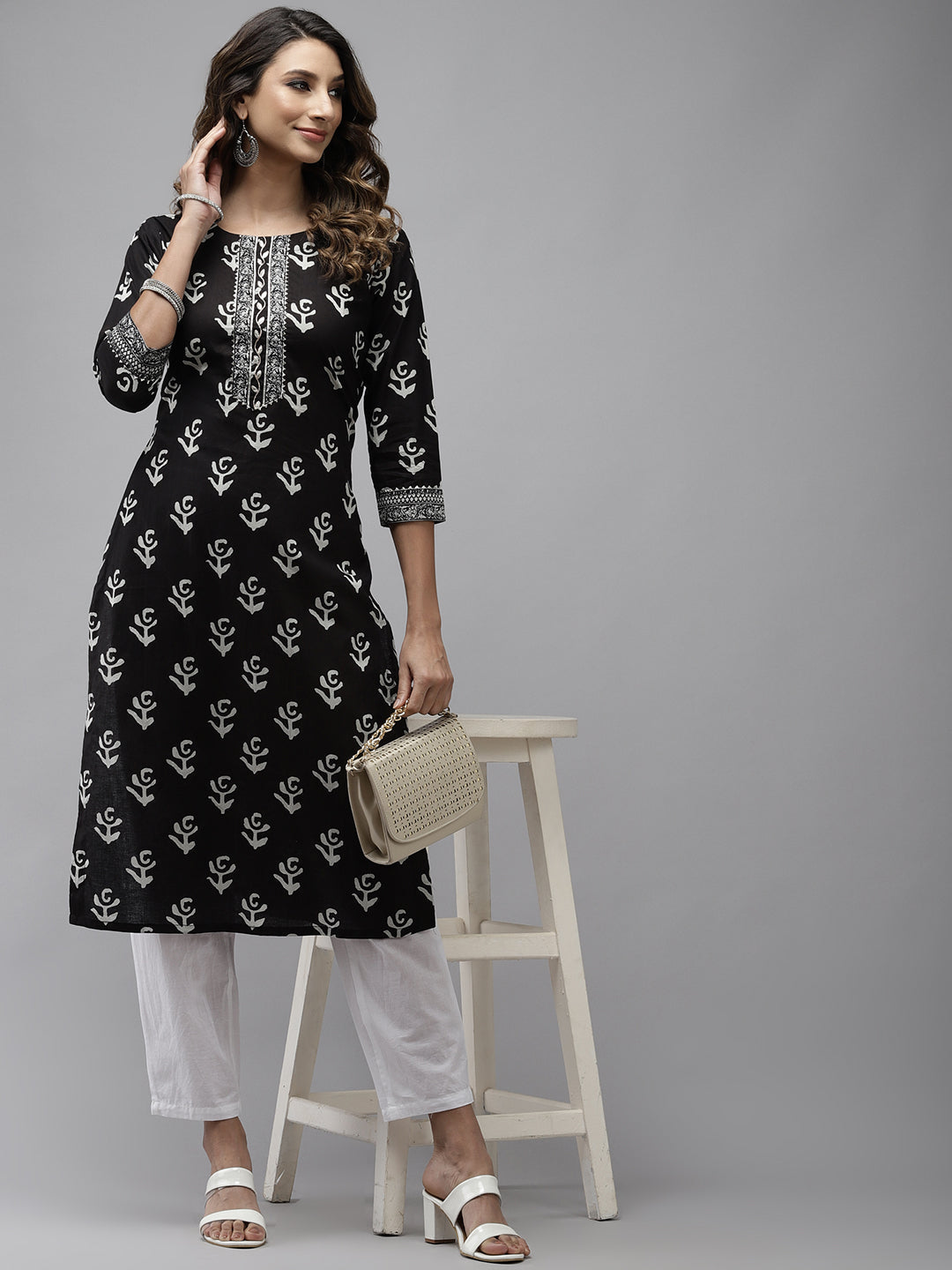 Ishin Women's Cotton Blend Black Embroidered A-Line Kurta