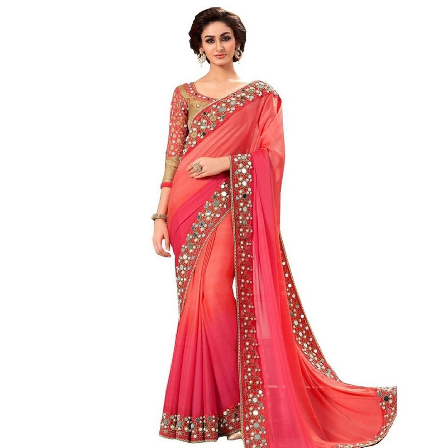 Ishin Poly Georgette Pink Beads and Stones Embellished Women's Saree