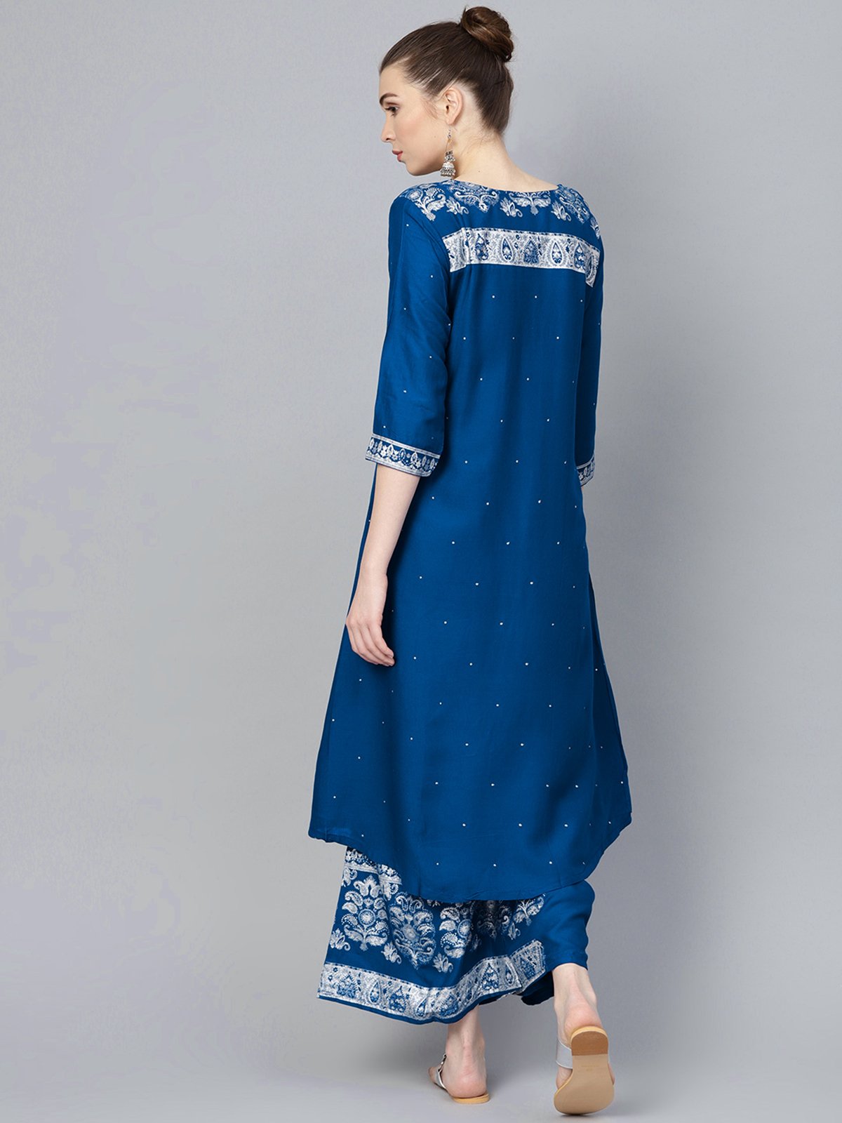 Ishin Women's Rayon Blue Embroidered A-Line Kurta Palazzo Sets
