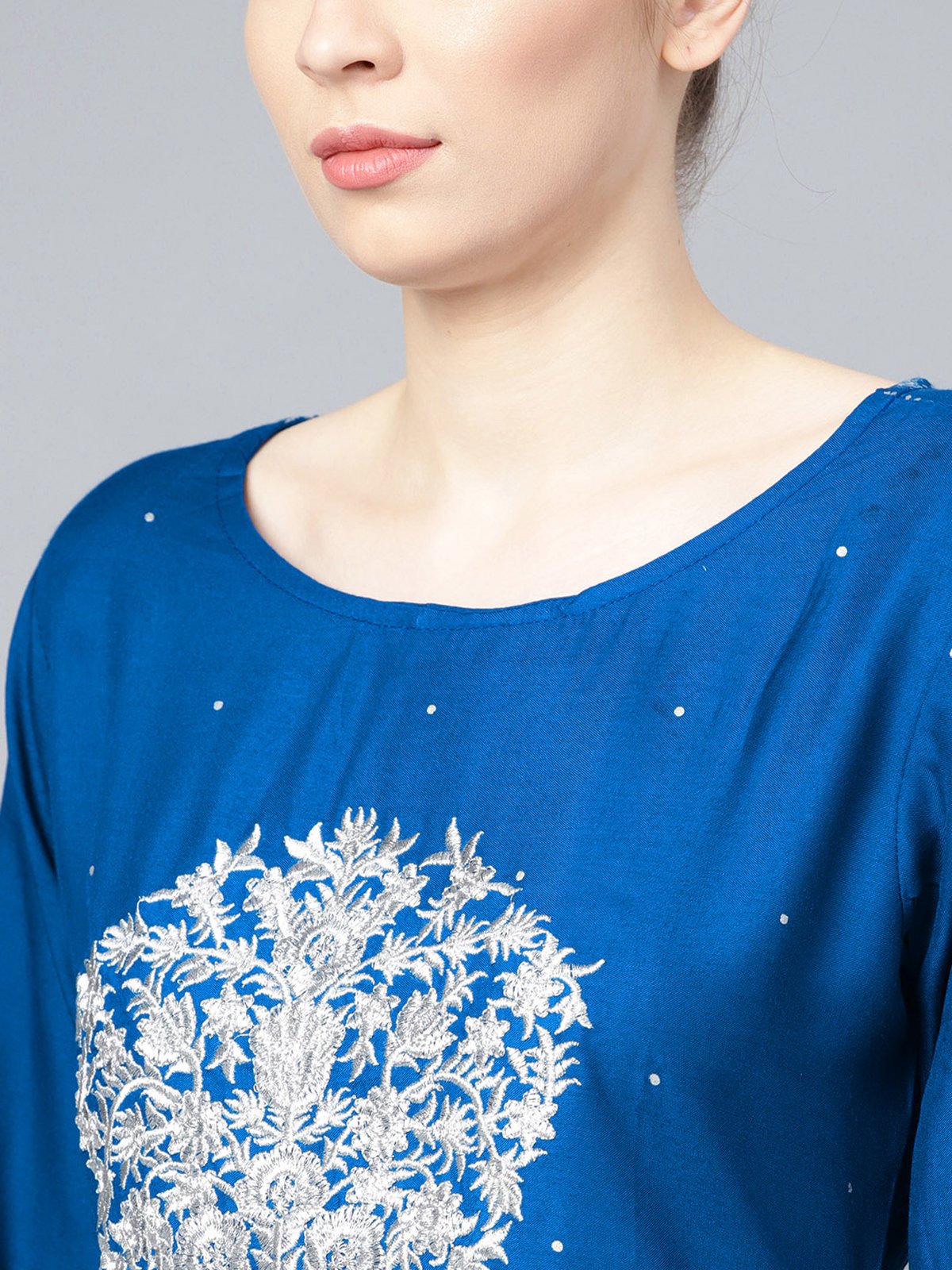 Ishin Women's Rayon Blue Embroidered A-Line Kurta Palazzo Sets