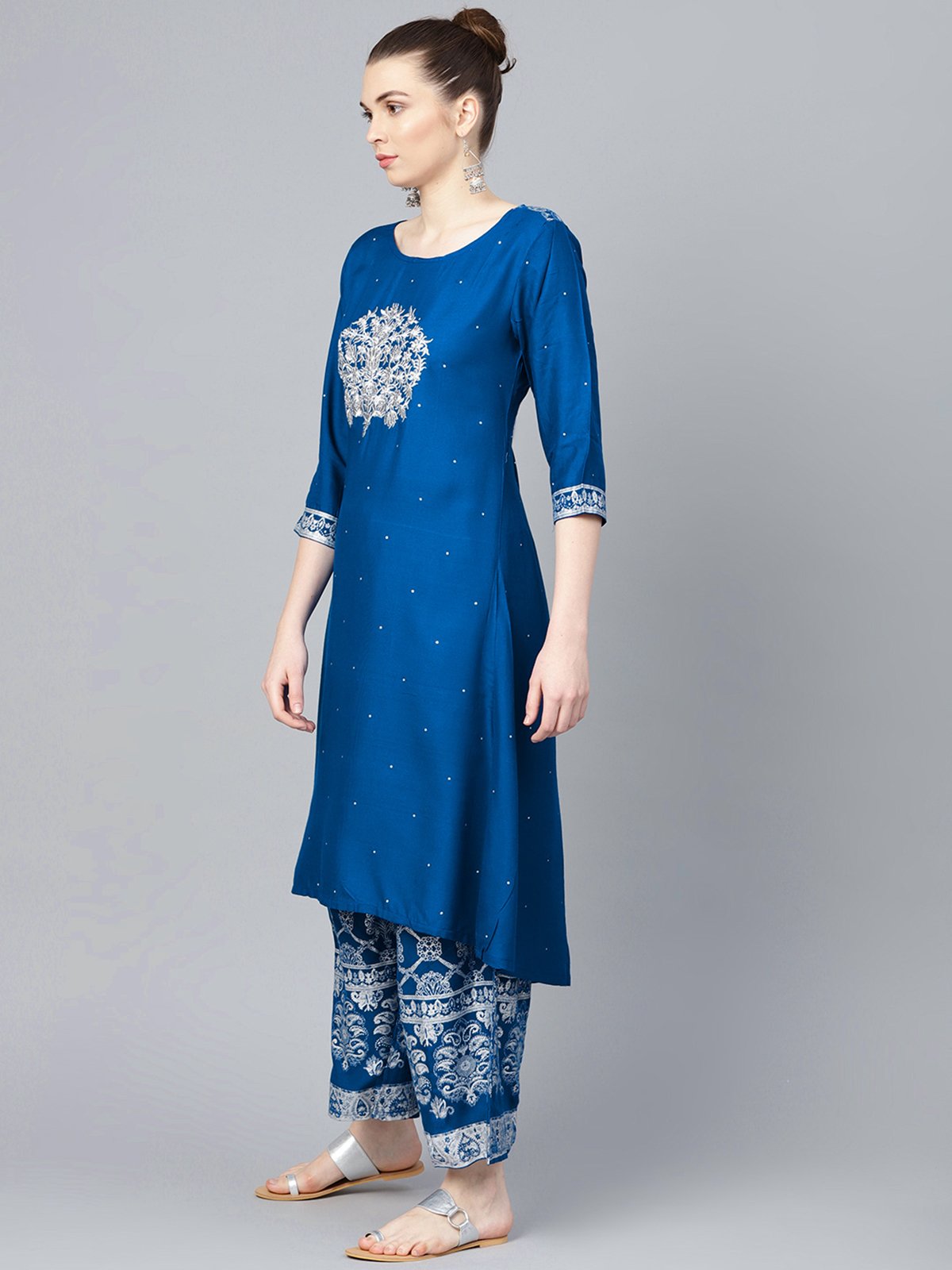 Ishin Women's Rayon Blue Embroidered A-Line Kurta Palazzo Sets