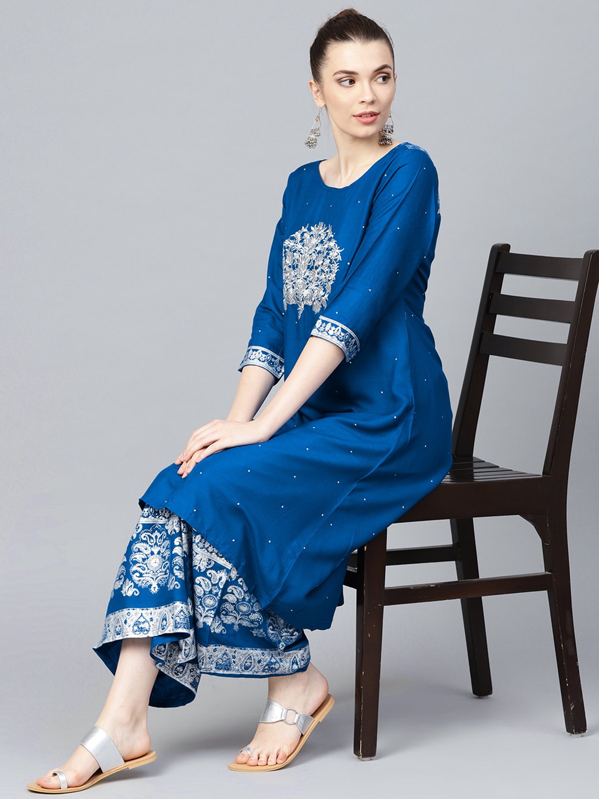 Ishin Women's Rayon Blue Embroidered A-Line Kurta Palazzo Sets