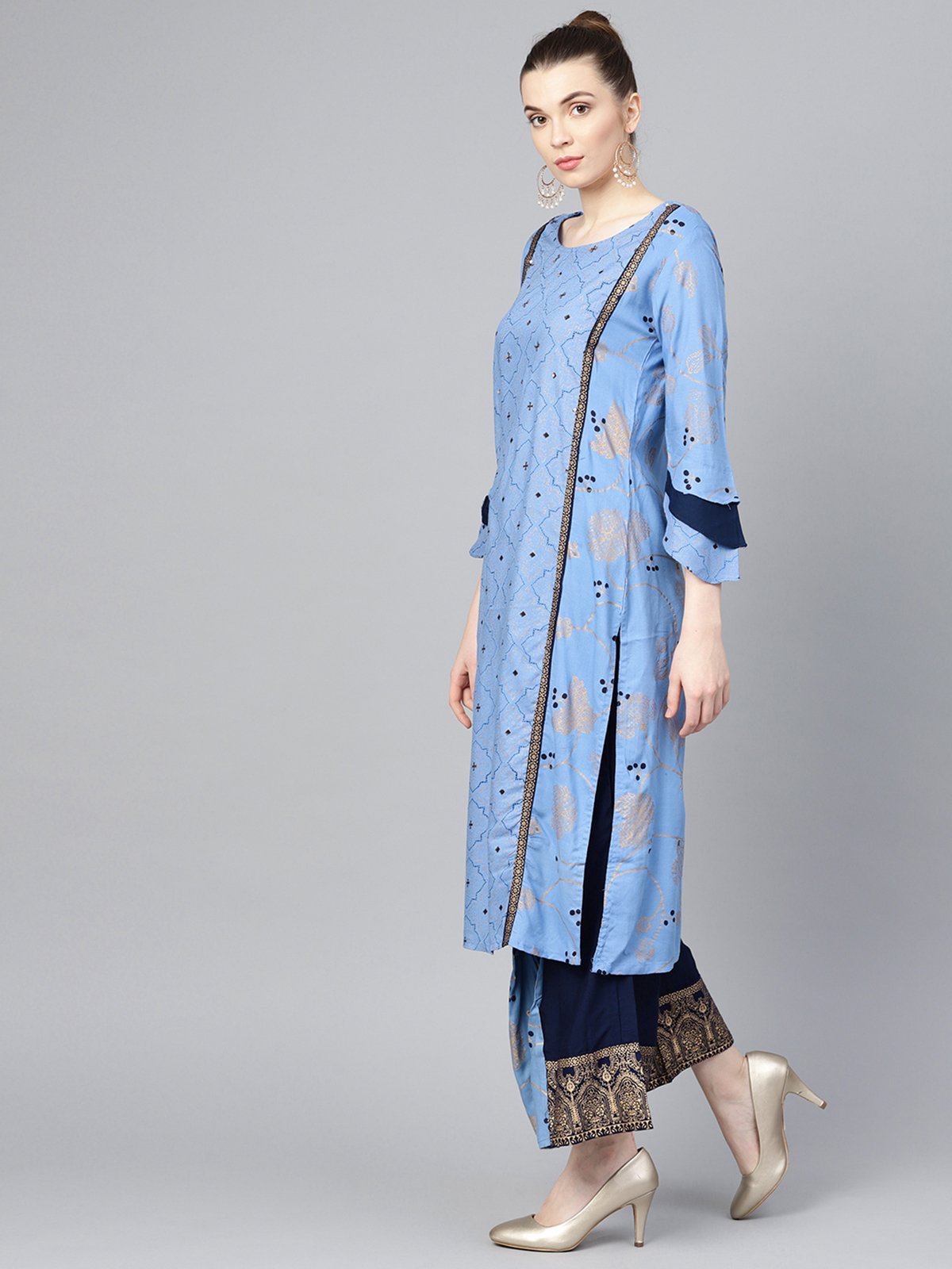 Ishin Women's Rayon Blue & Navy Blue Printed A-Line Kurta Palazzo Sets