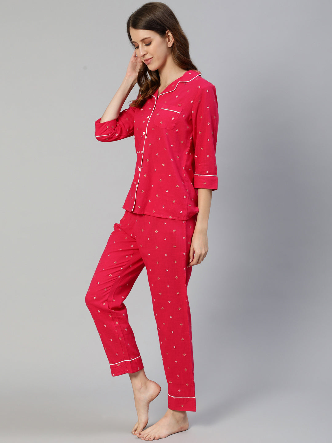 Ishin Women's Pink Pure Cotton Block Printed Night Suit