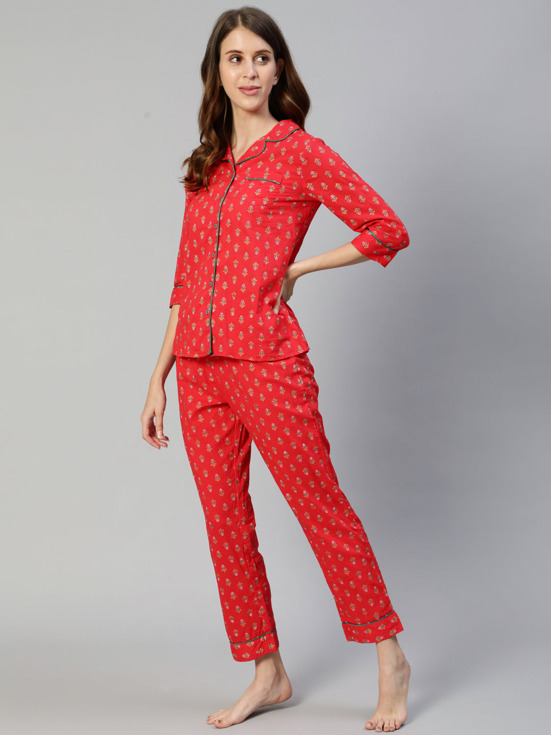 Ishin Women's Red Pure Cotton Floral Printed Night Suit