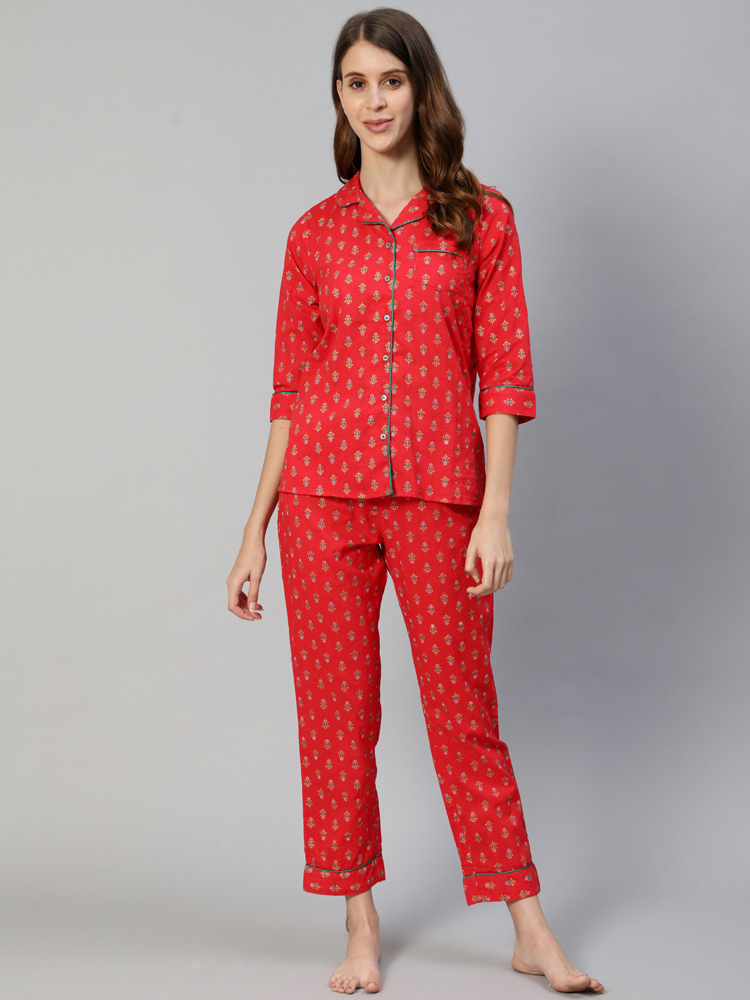 Ishin Women's Red Pure Cotton Floral Printed Night Suit