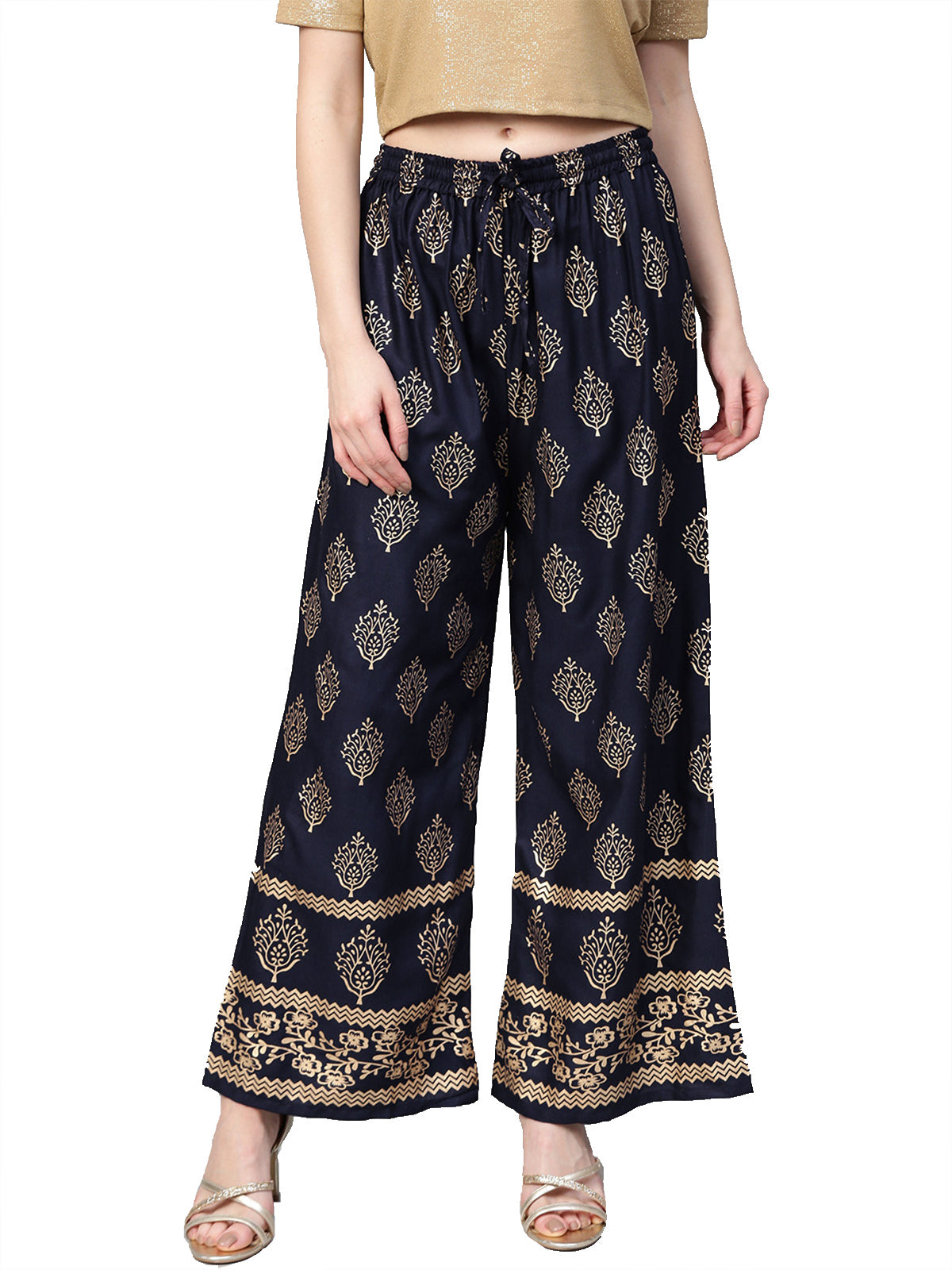 Ishin Women's Rayon Navy Blue Foil Printed Palazzo