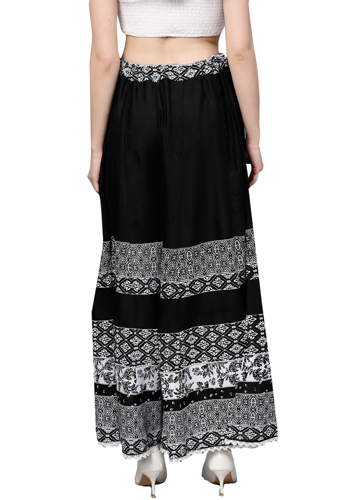 Ishin Women's Rayon Black Printed Palazzo With Lace