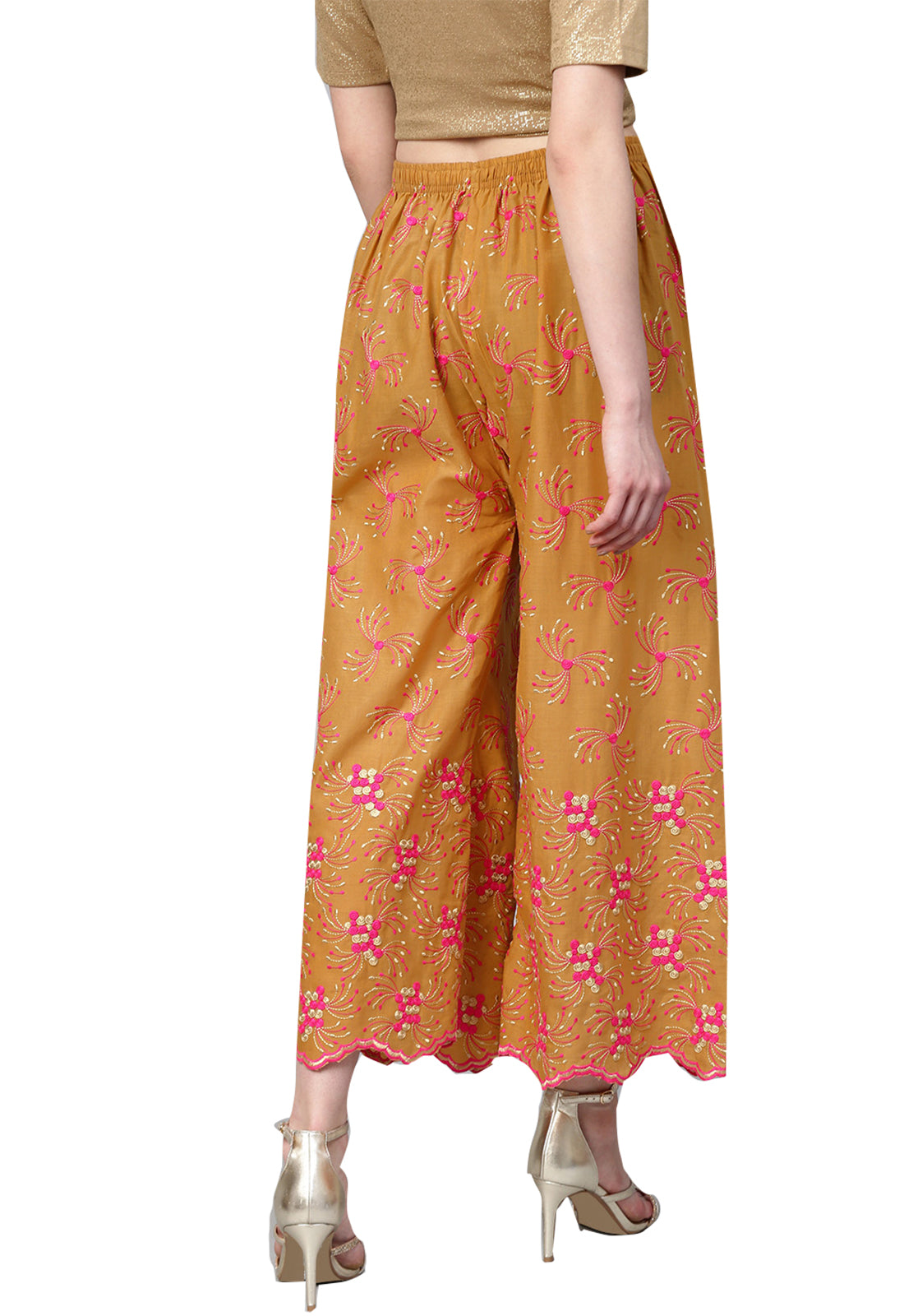 Ishin Women's Cotton Beige Embroidered Palazzo