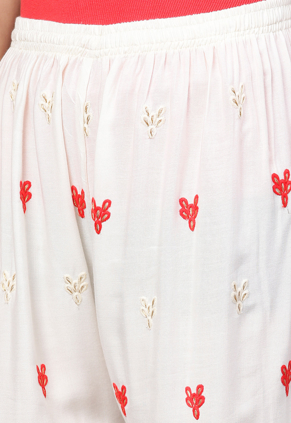 Ishin Women's Rayon Off White & Pink Embroidered Palazzo