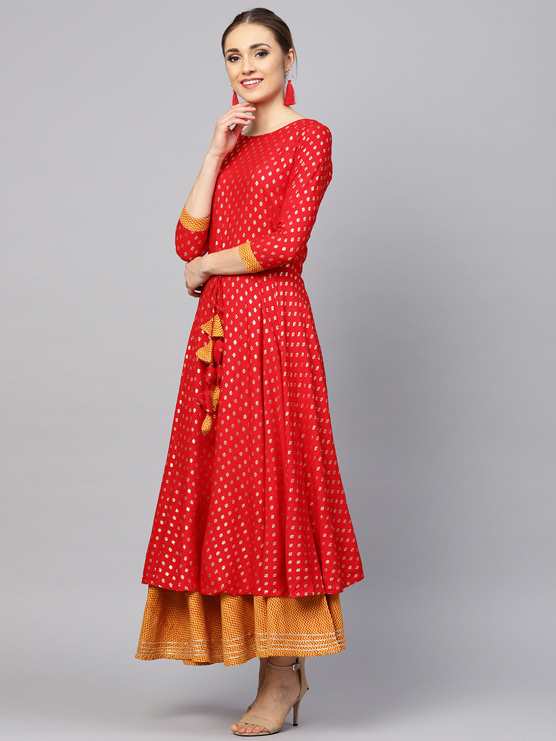 Ishin Women's Red & Mustard Printed Anarkali Kurta Skirt Set