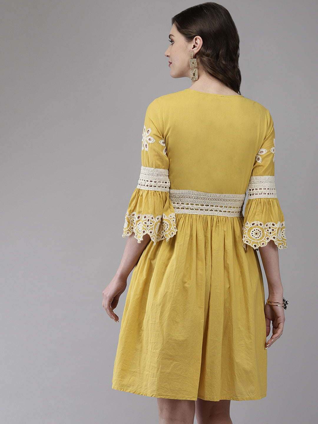 Ishin Women's Cotton Mustard Schiffli Embroidered A-Line Dress