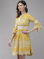 Ishin Women's Cotton Mustard Schiffli Embroidered A-Line Dress