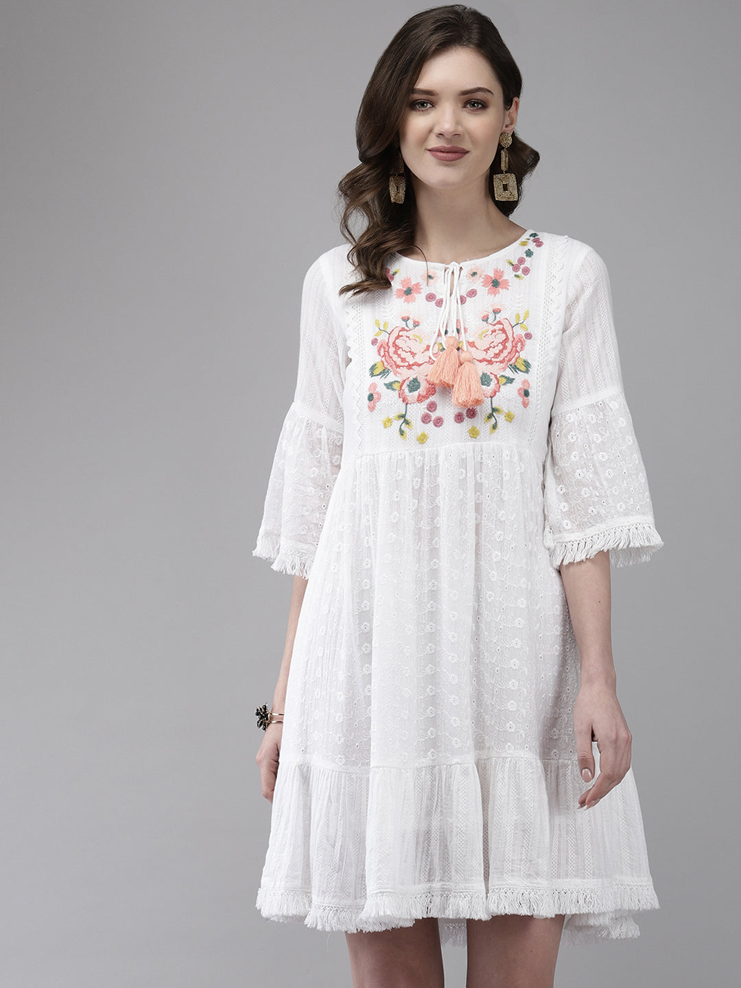 Ishin Women's Cotton Blend White Embroidered A-Line Dress