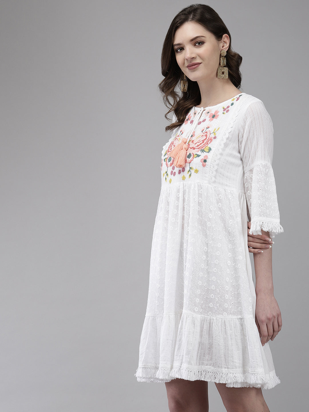 Ishin Women's Cotton Blend White Embroidered A-Line Dress