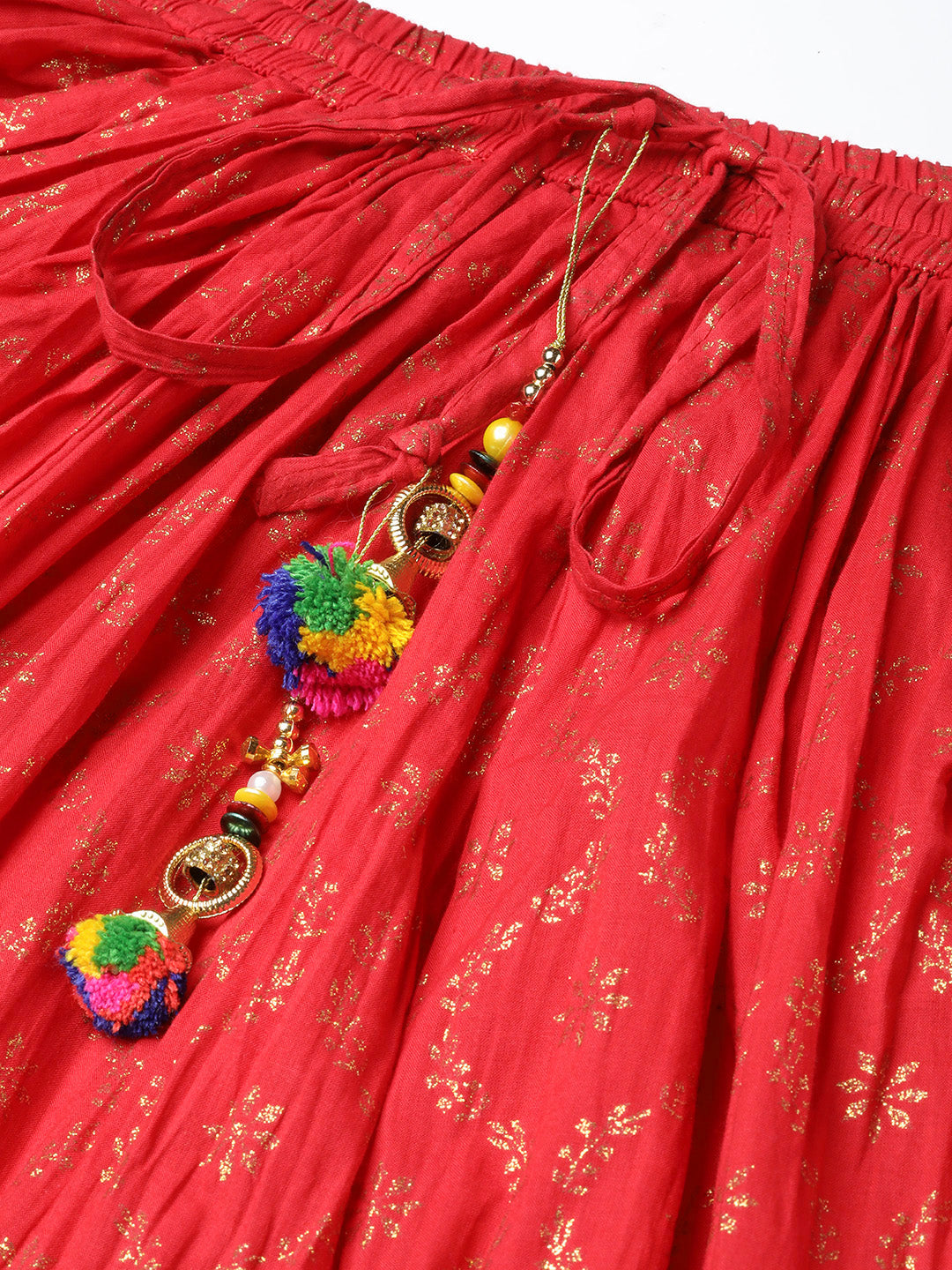 Ishin Women's Cotton Red Embellished Flared Skirt