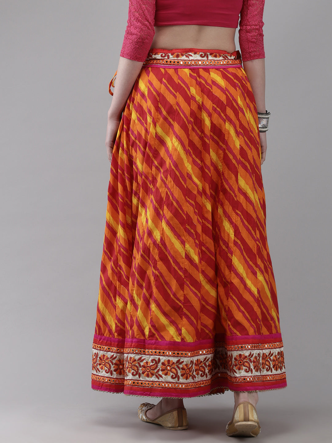 Ishin Women's Cotton Orange Embroidered Tie & Dye Flared Maxi Skirt