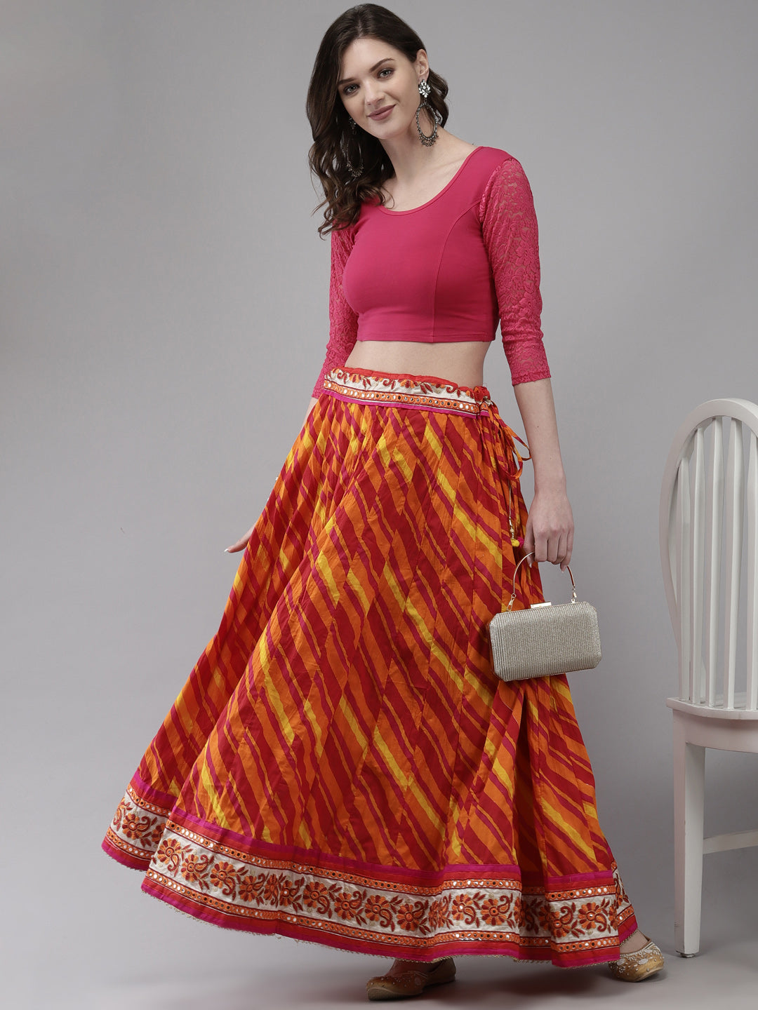 Ishin Women's Cotton Orange Embroidered Tie & Dye Flared Maxi Skirt