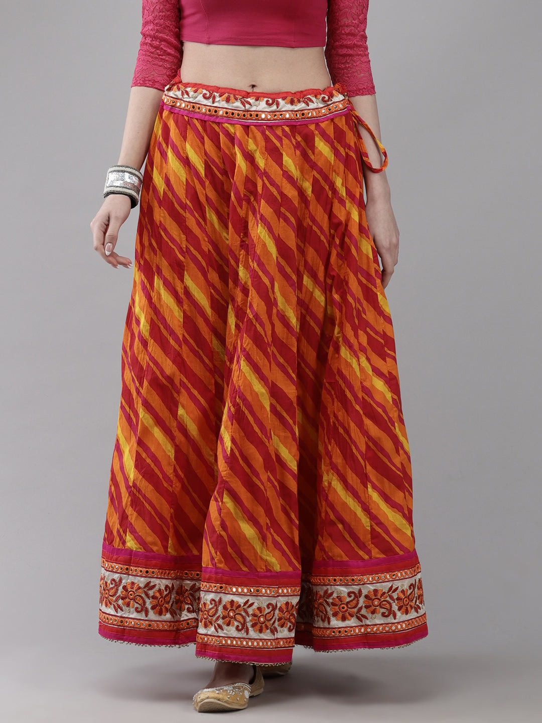 Ishin Women's Cotton Orange Embroidered Tie & Dye Flared Maxi Skirt