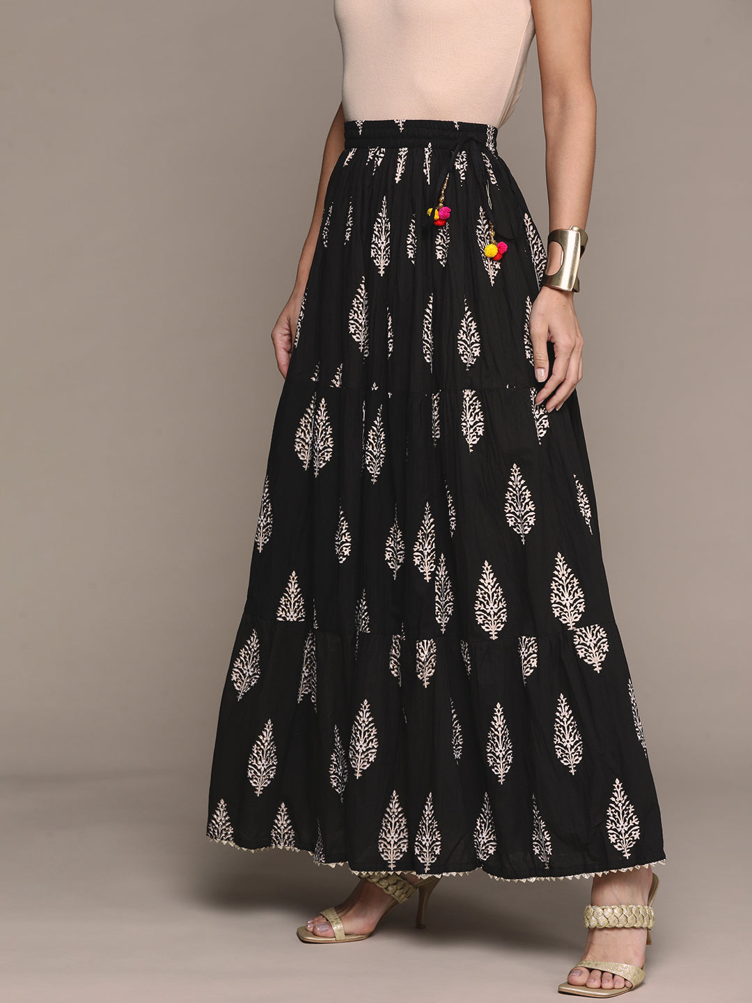 Ishin Women's Cotton Black Foil Printed Flared Maxi Skirt
