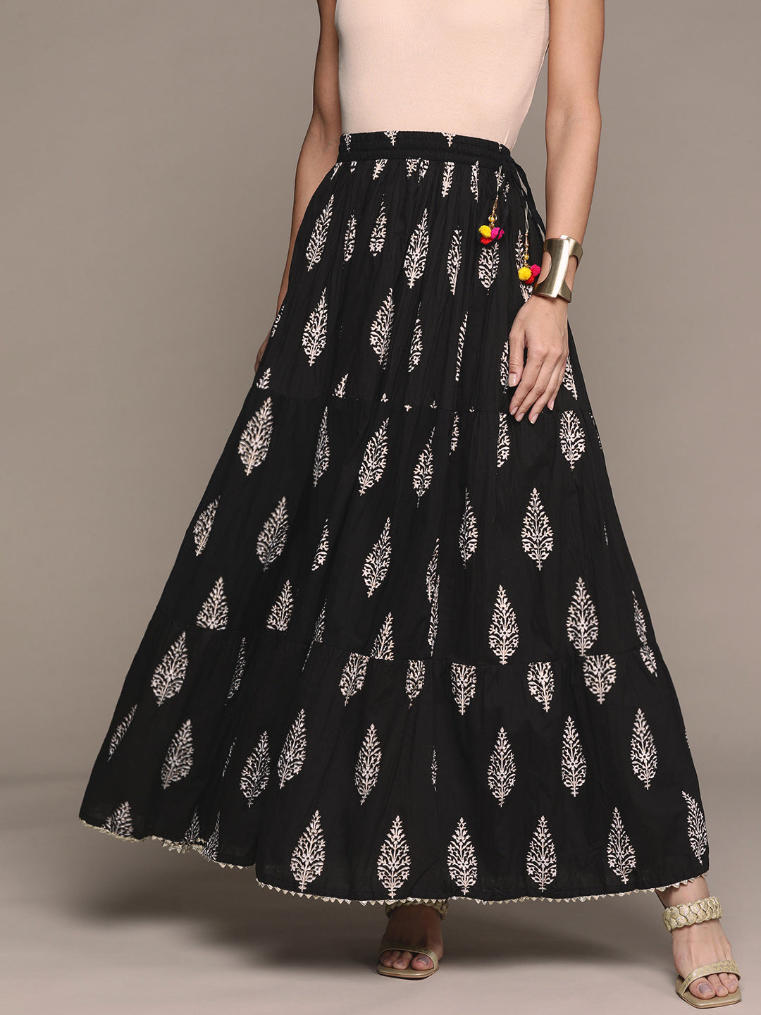 Ishin Women's Cotton Black Foil Printed Flared Maxi Skirt