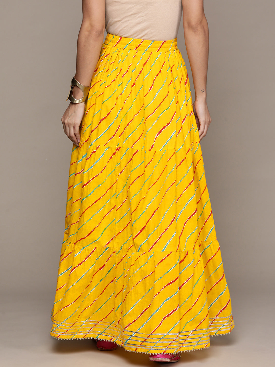 Ishin Women's Cotton Yellow Leheriya Flared Maxi Skirt