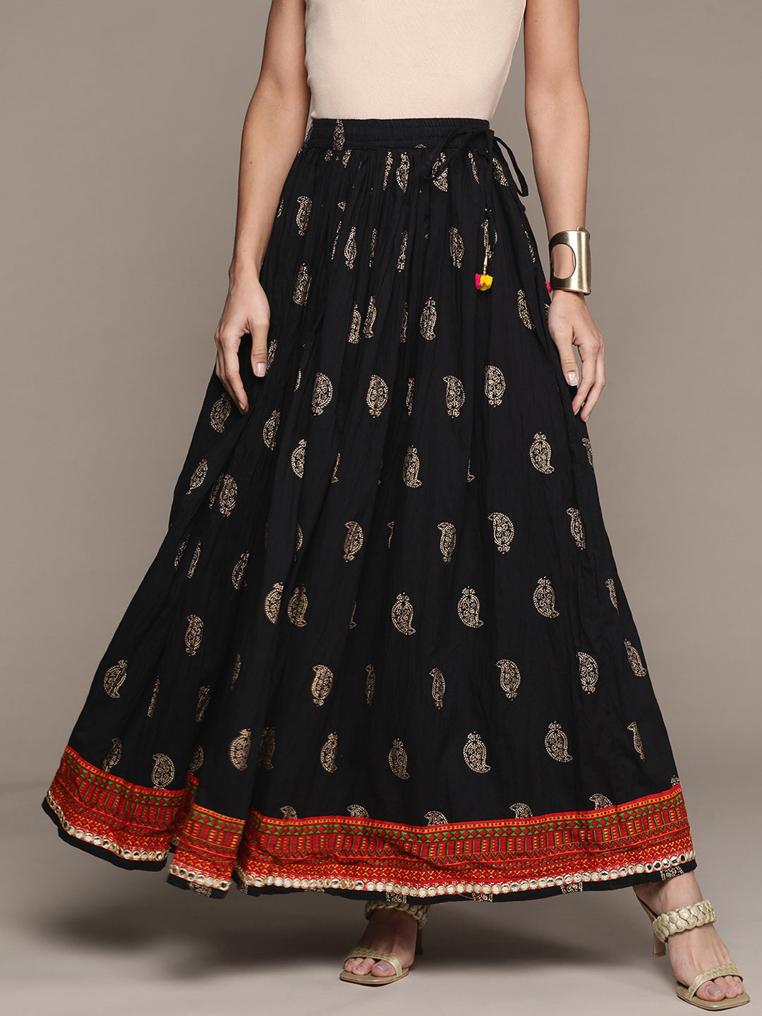 Ishin Women's Cotton Black Foil Printed With Mirror Embellish Flared Maxi Skirt