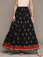 Ishin Women's Cotton Black Foil Printed With Mirror Embellish Flared Maxi Skirt