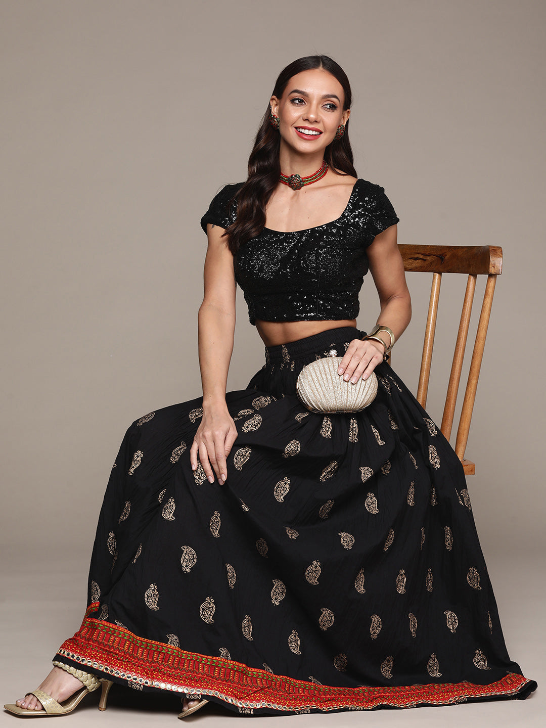 Ishin Women's Cotton Black Foil Printed With Mirror Embellished Flared Maxi Skirt