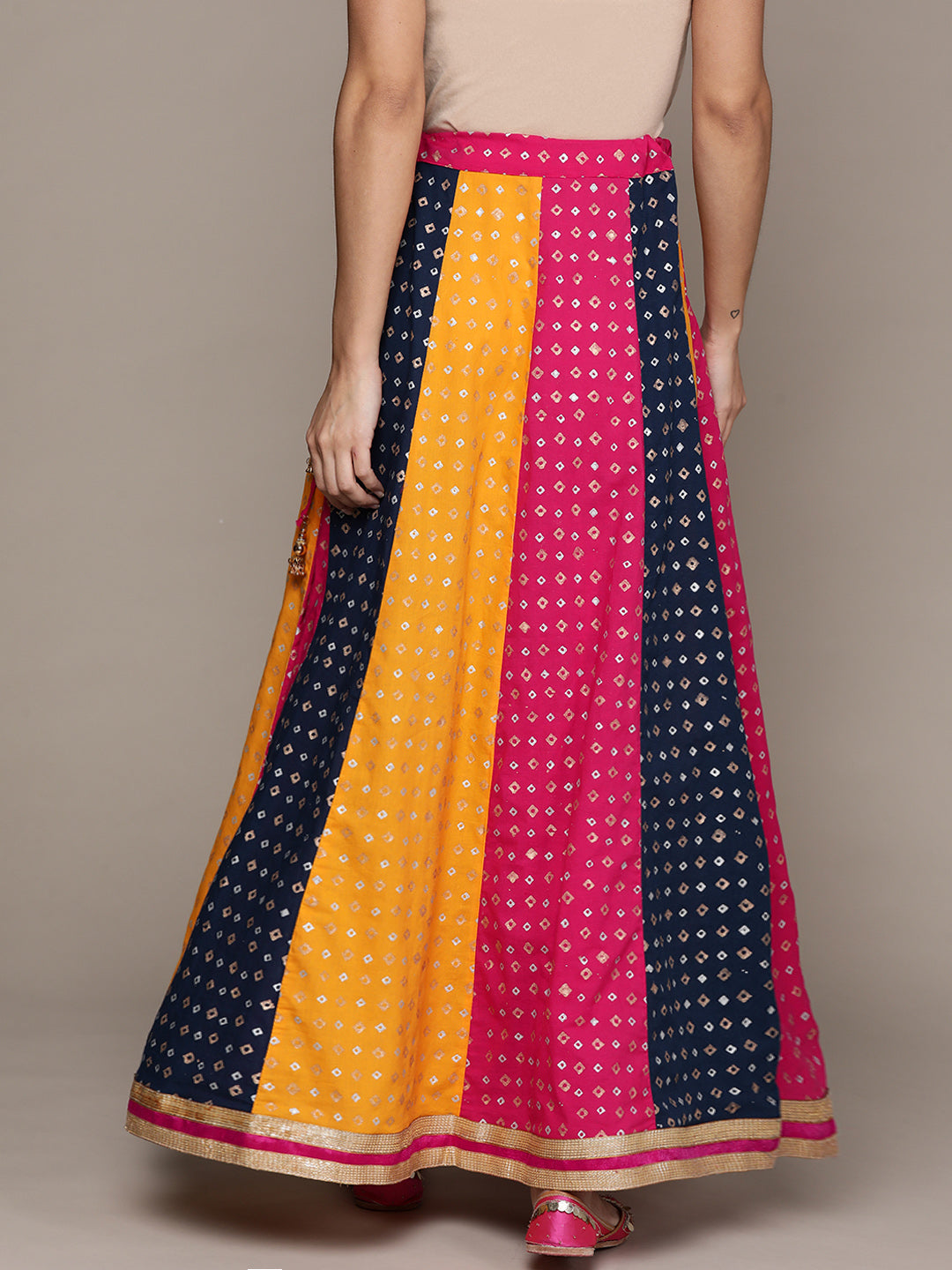 Ishin Women's Cotton Multicolor Bandhani Print Embellished Flared Maxi Skirt