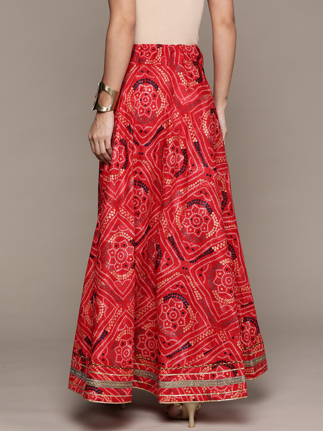 Ishin Women's Silk Blend Red Bandhani Print Embellished Flared Maxi Skirt