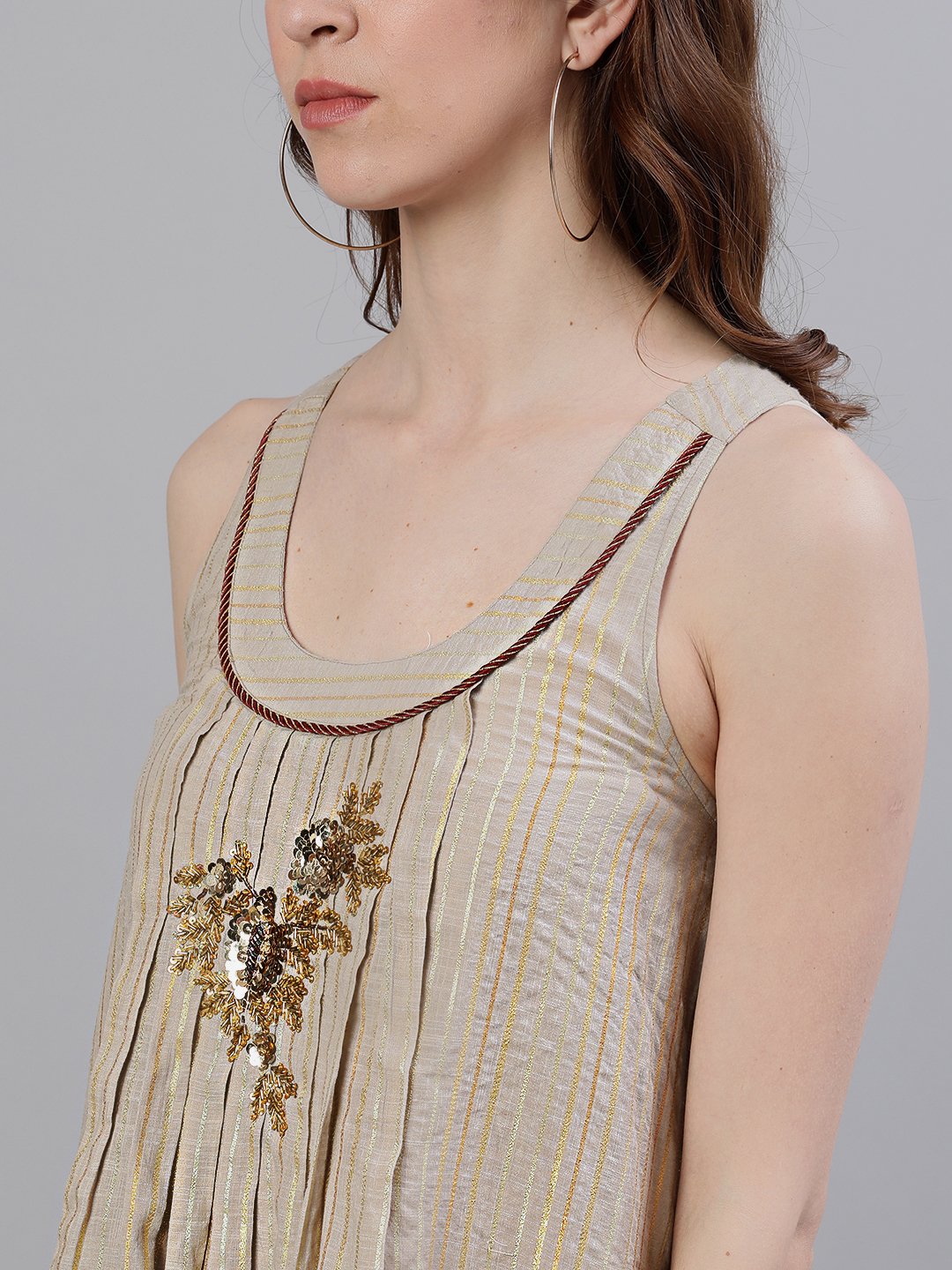Ishin Women's Cotton Beige Lurex Embellished Style Back Top
