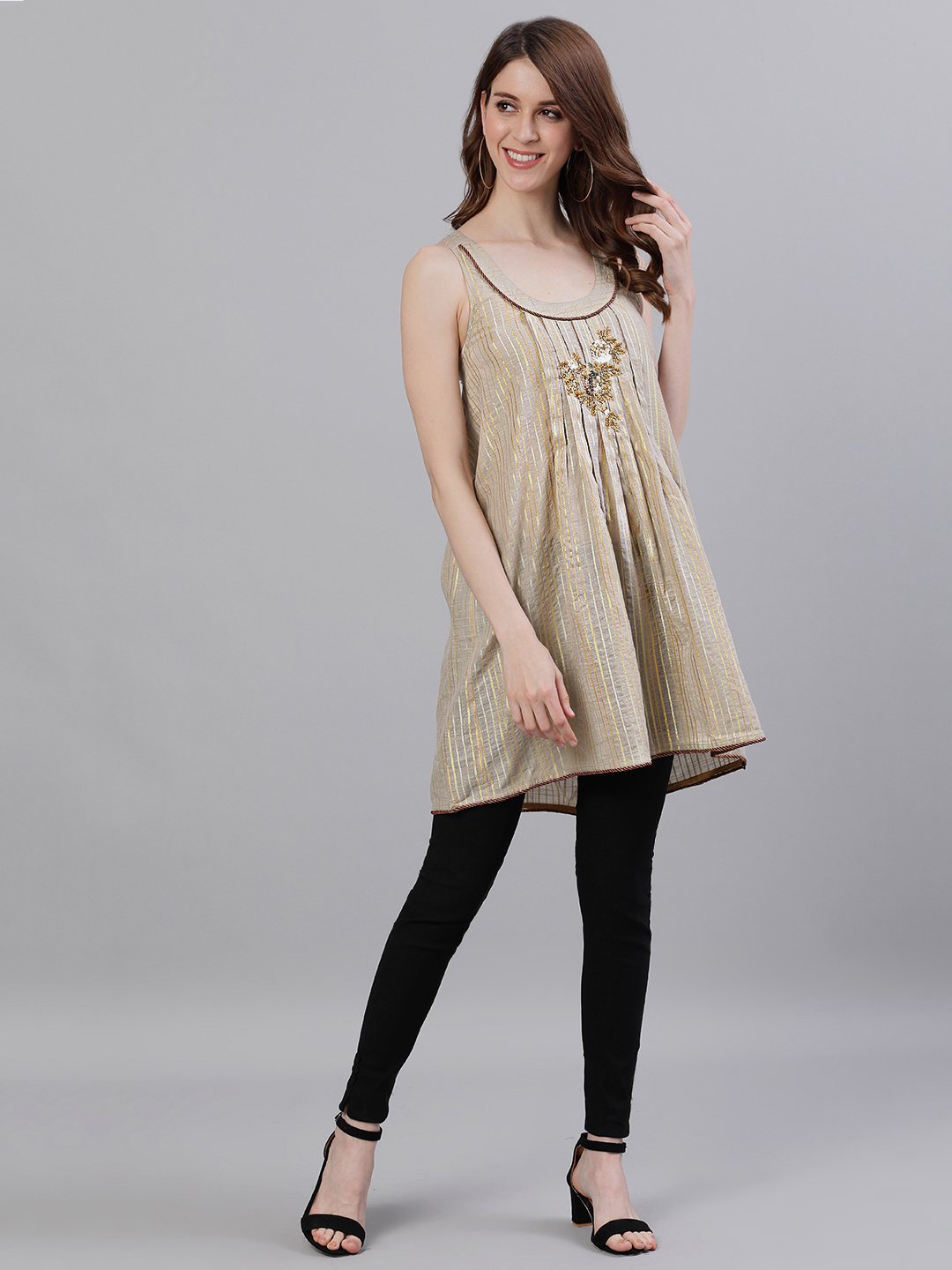 Ishin Women's Cotton Beige Lurex Embellished Style Back Top