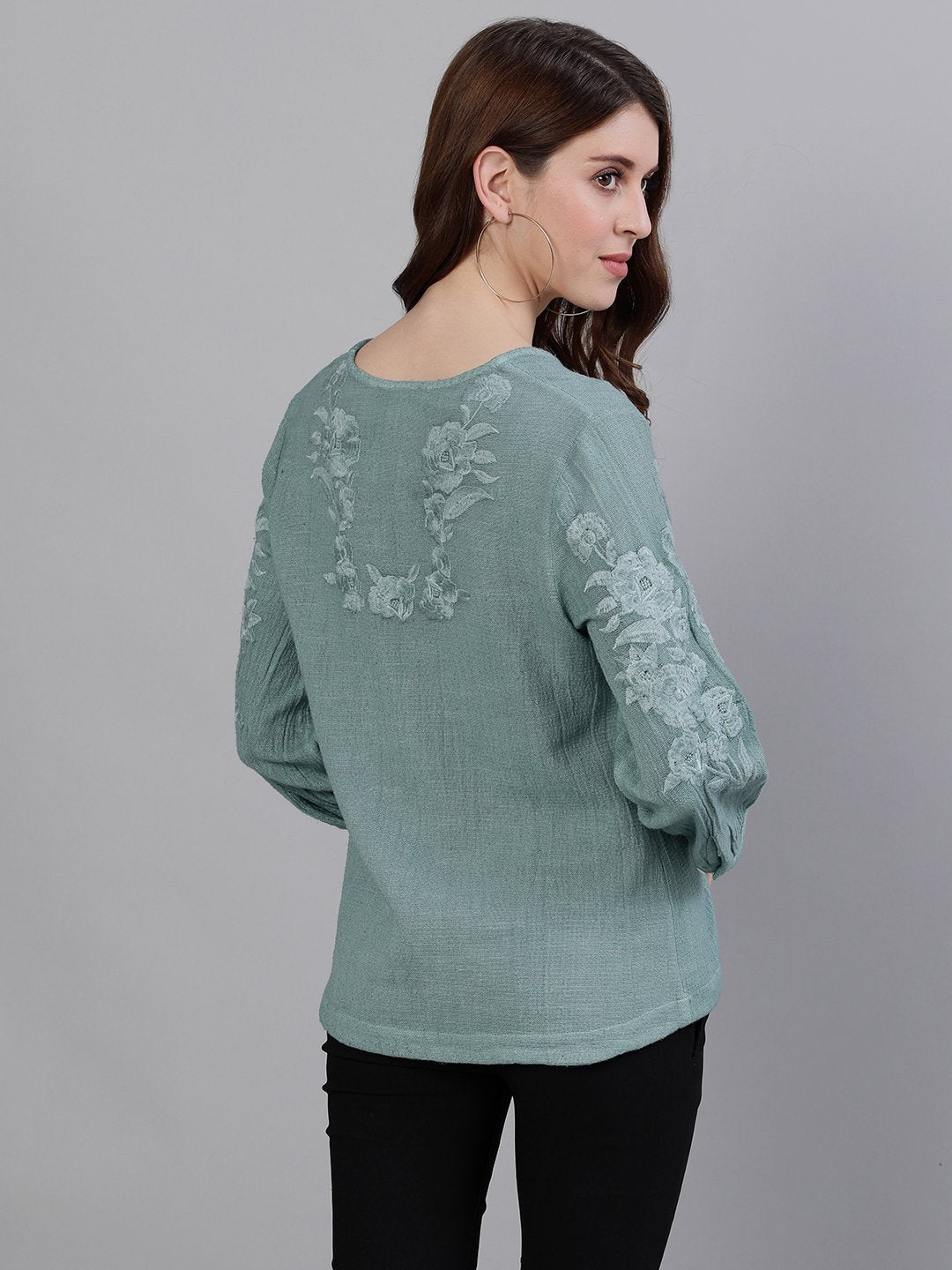 Ishin Women's Cotton Sea Green Embroidered Top 
