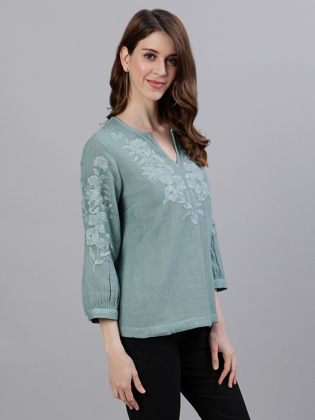 Ishin Women's Cotton Sea Green Embroidered Top 