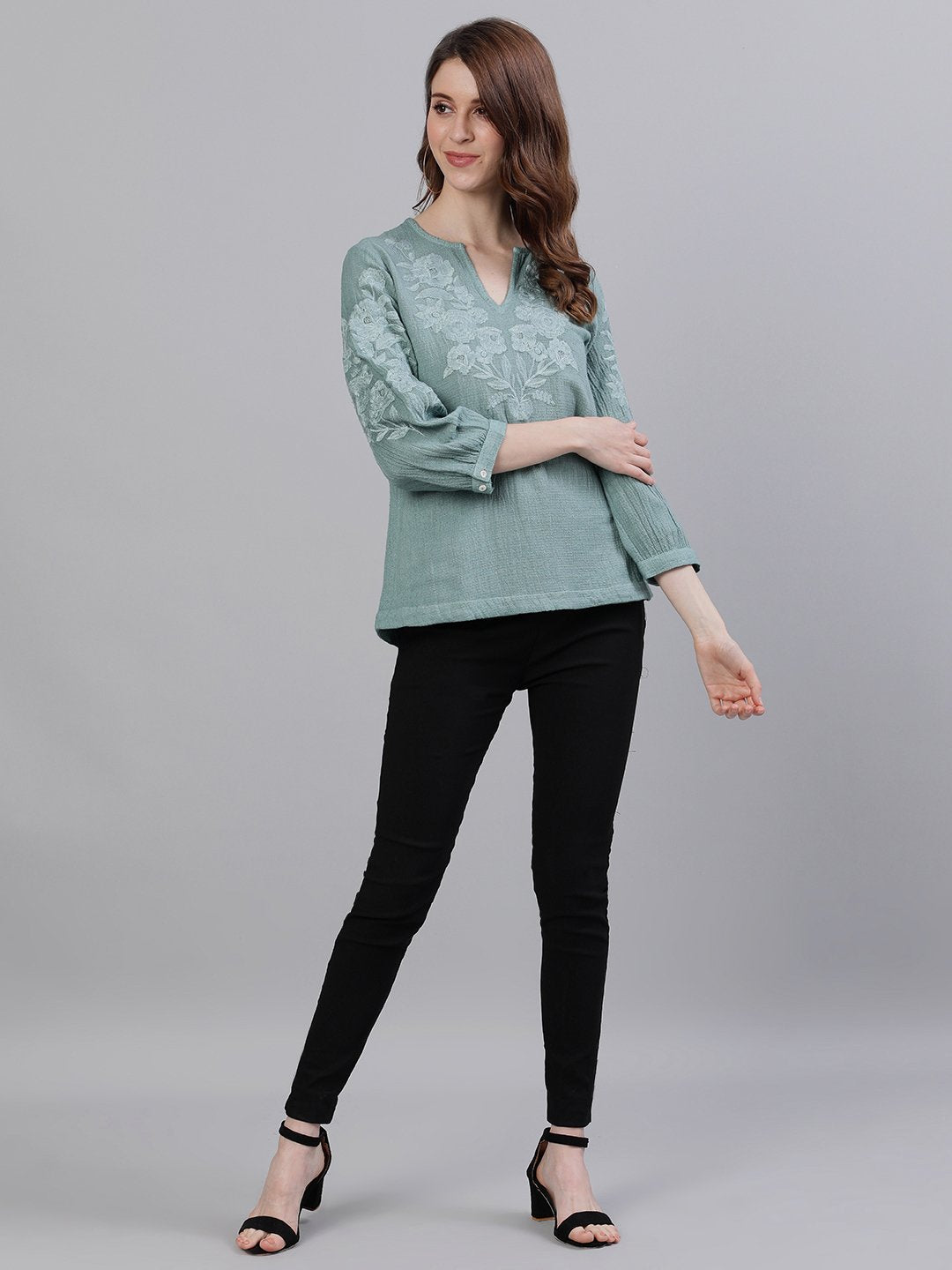 Comfy Cotton Green Floral Embroidered Top