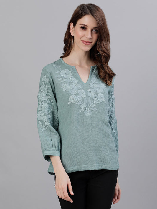 Ishin Women's Cotton Sea Green Embroidered Top 