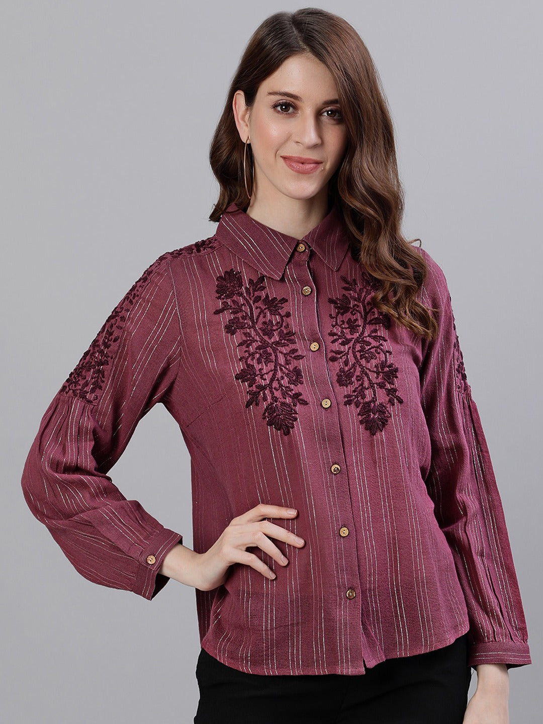 Ishin Women's Purple Floral Striped Embroidered Shirt Style Top