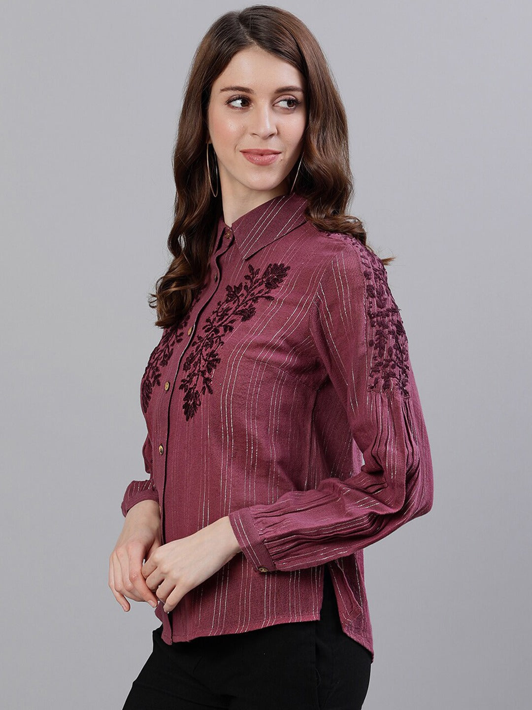Ishin Women's Purple Floral Striped Embroidered Shirt Style Top
